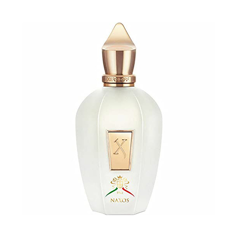 Luxurious white perfume bottle with gold accents and elegant design.