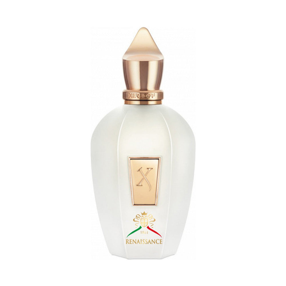 Elegant Xerjoff Renaissance perfume bottle with gold cap and detailed label design.