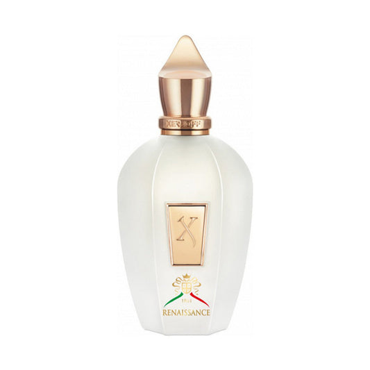 Elegant Xerjoff Renaissance perfume bottle with gold cap and detailed label design.