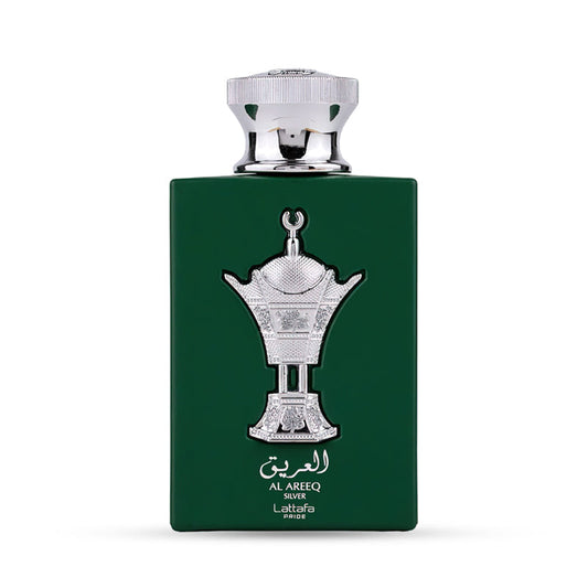 Green perfume bottle with silver cap and ornate design.